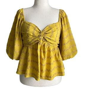 Vici Divine Textured Puff Sleeve Babydoll Boho Top in Mustard Size L